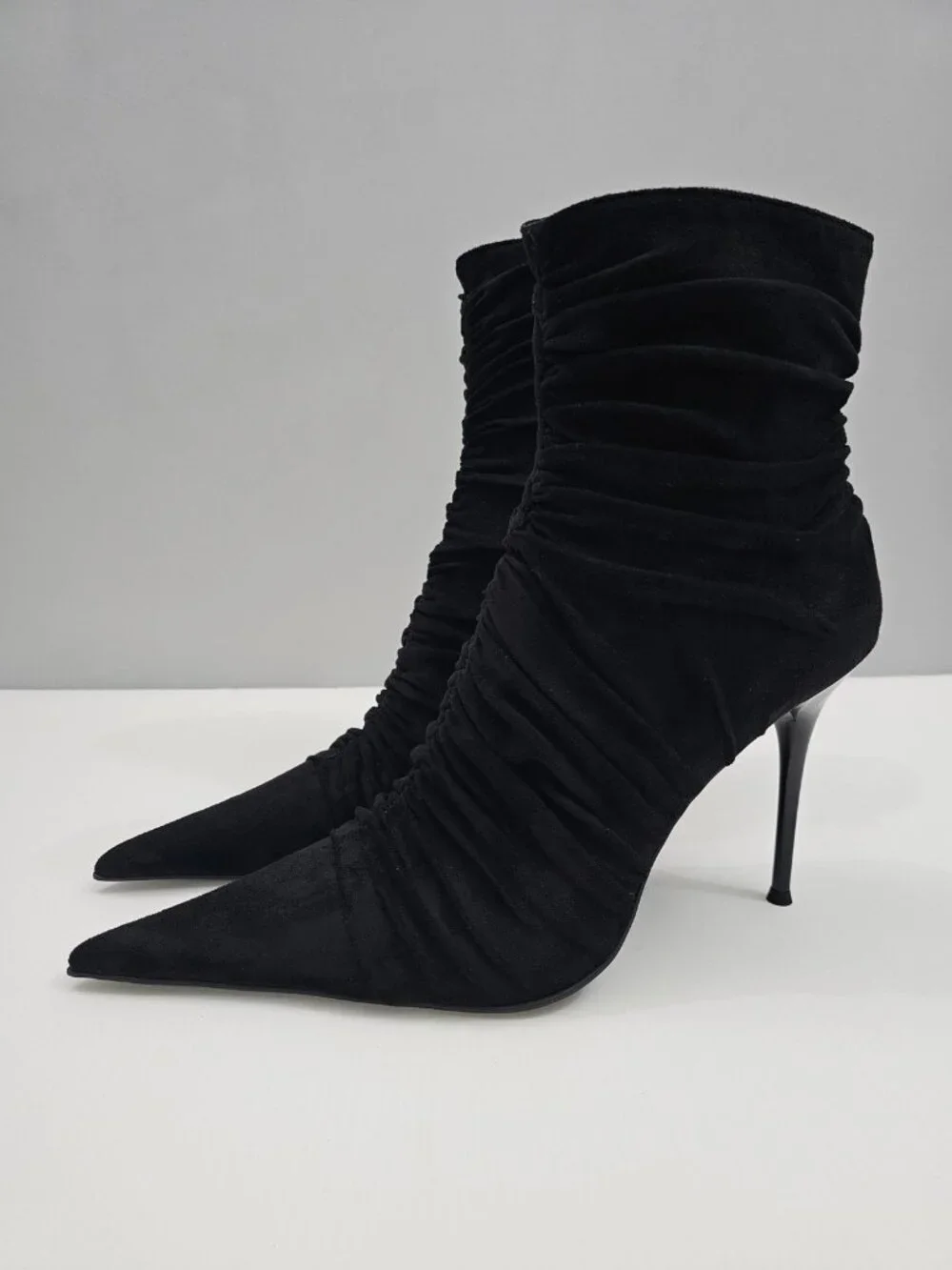 Jeffrey Campbell Lets Go Ankle Boot 9 Black Ruched Pointed Toe Stiletto Heel NEW